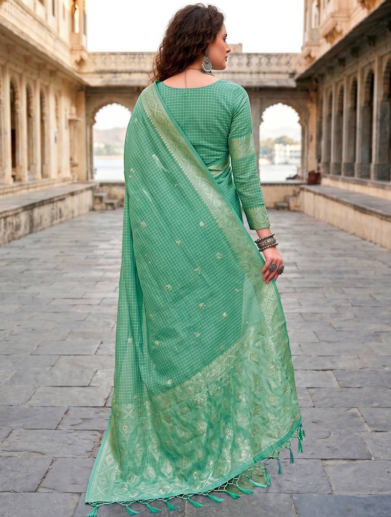 Sangam prints teal cotton blend woven work traditional saree