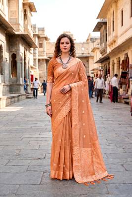 Sangam prints peach cotton blend woven work traditional saree 1