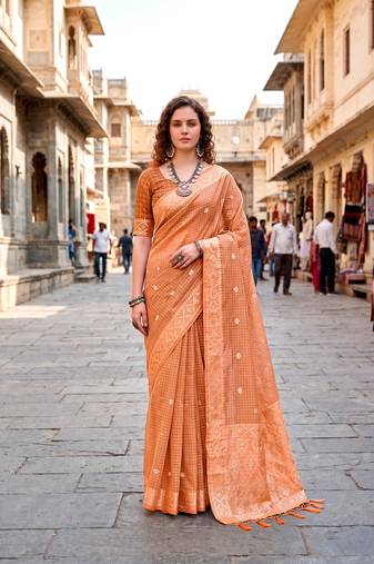 Sangam prints peach cotton blend woven work traditional saree