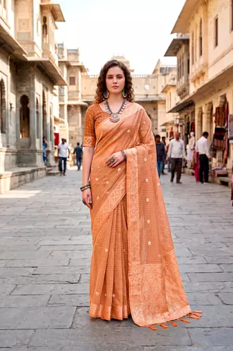 Sangam prints peach cotton blend woven work traditional saree