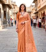 Sangam prints peach cotton blend woven work traditional saree