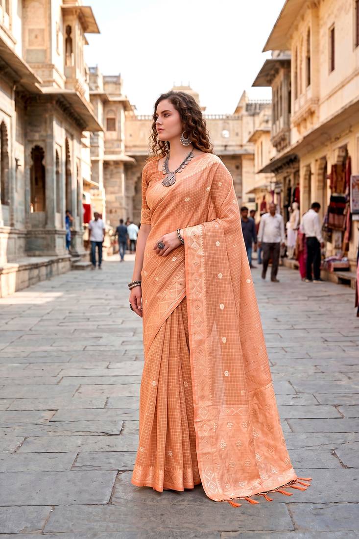 Sangam prints peach cotton blend woven work traditional saree