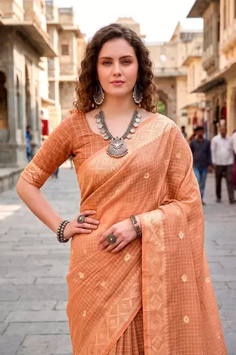 Sangam prints peach cotton blend woven work traditional saree