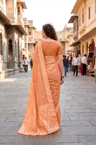 Sangam prints peach cotton blend woven work traditional saree