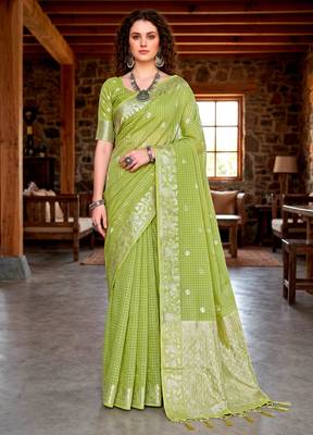 Sangam prints green cotton blend woven work traditional saree 1