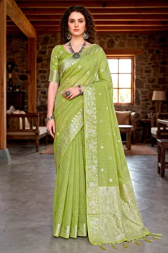 Sangam prints green cotton blend woven work traditional saree