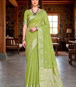 Sangam prints green cotton blend woven work traditional saree