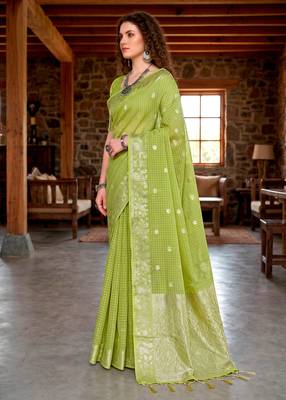 Sangam prints green cotton blend woven work traditional saree 2
