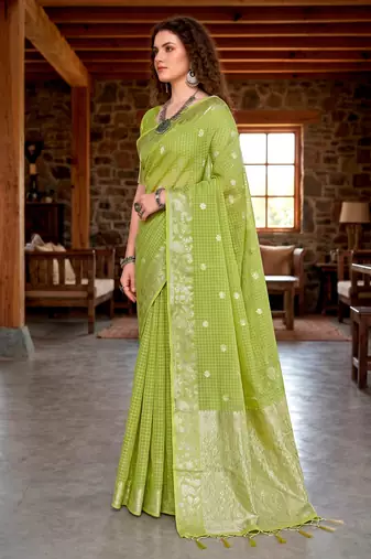 Sangam prints green cotton blend woven work traditional saree