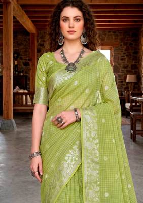 Sangam prints green cotton blend woven work traditional saree 3