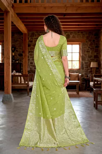 Sangam prints green cotton blend woven work traditional saree
