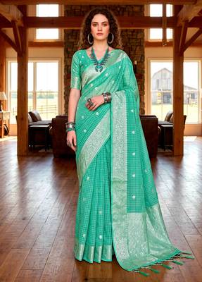 Sangam prints teal green cotton blend woven work traditional saree 1