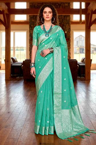 Sangam prints teal green cotton blend woven work traditional saree
