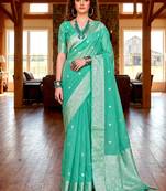 Sangam prints teal green cotton blend woven work traditional saree