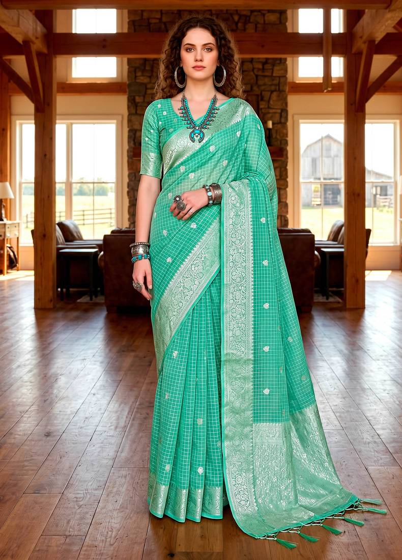Sangam prints teal green cotton blend woven work traditional saree