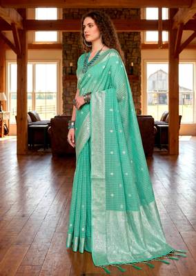 Sangam prints teal green cotton blend woven work traditional saree 2