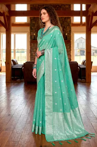 Sangam prints teal green cotton blend woven work traditional saree