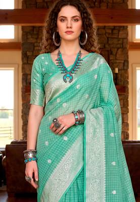 Sangam prints teal green cotton blend woven work traditional saree 3