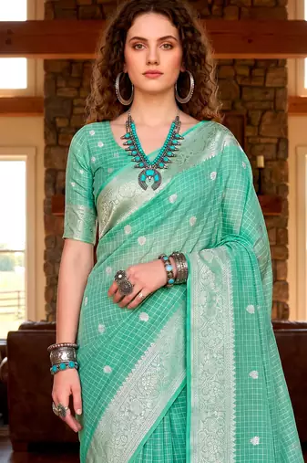 Sangam prints teal green cotton blend woven work traditional saree