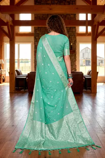 Sangam prints teal green cotton blend woven work traditional saree