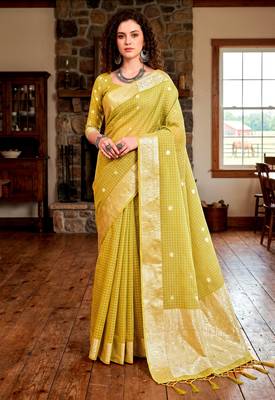 Sangam prints yellow cotton blend woven work traditional saree 1