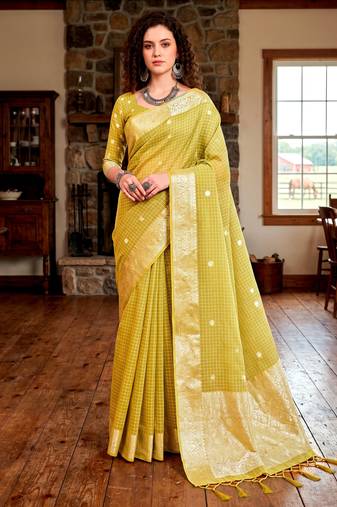 Sangam prints yellow cotton blend woven work traditional saree