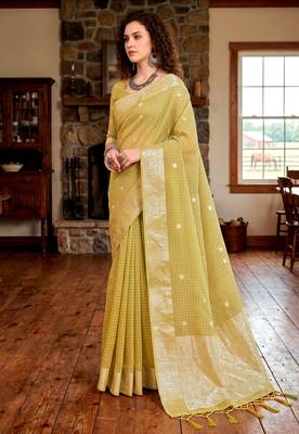 Sangam prints yellow cotton blend woven work traditional saree 2