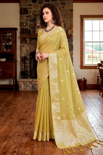 Sangam prints yellow cotton blend woven work traditional saree