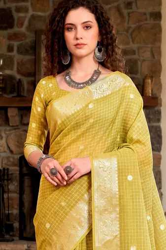 Sangam prints yellow cotton blend woven work traditional saree