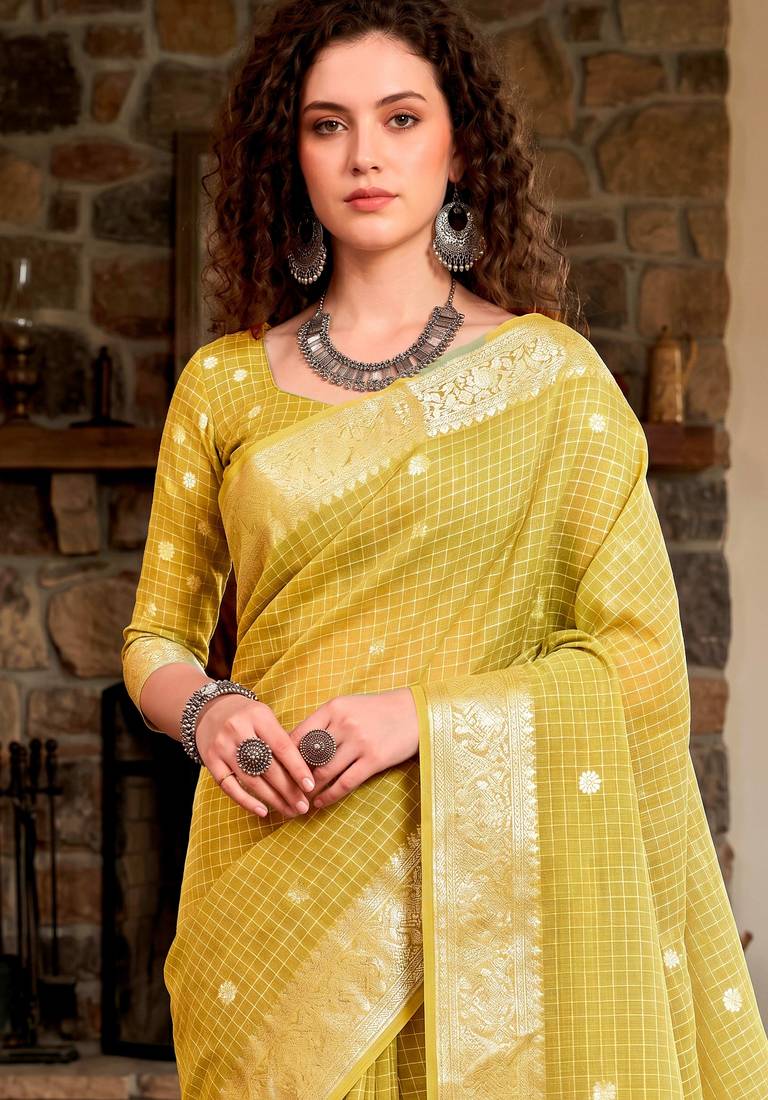 Sangam prints yellow cotton blend woven work traditional saree