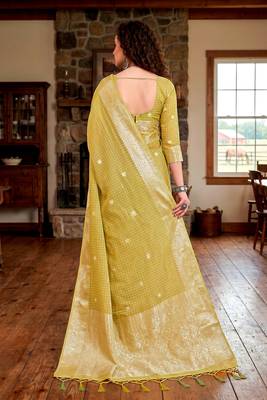 Sangam prints yellow cotton blend woven work traditional saree 4