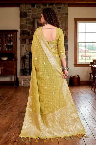 Sangam prints yellow cotton blend woven work traditional saree