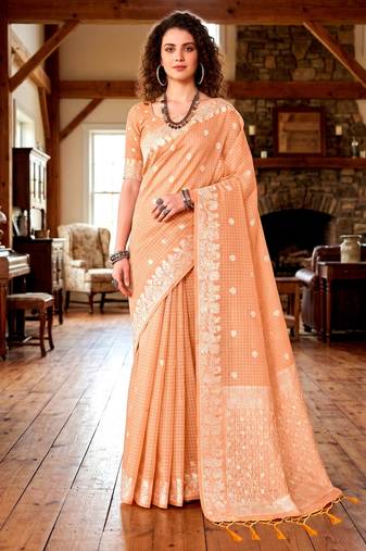 Sangam prints peach cotton blend woven work traditional saree