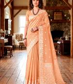 Sangam prints peach cotton blend woven work traditional saree