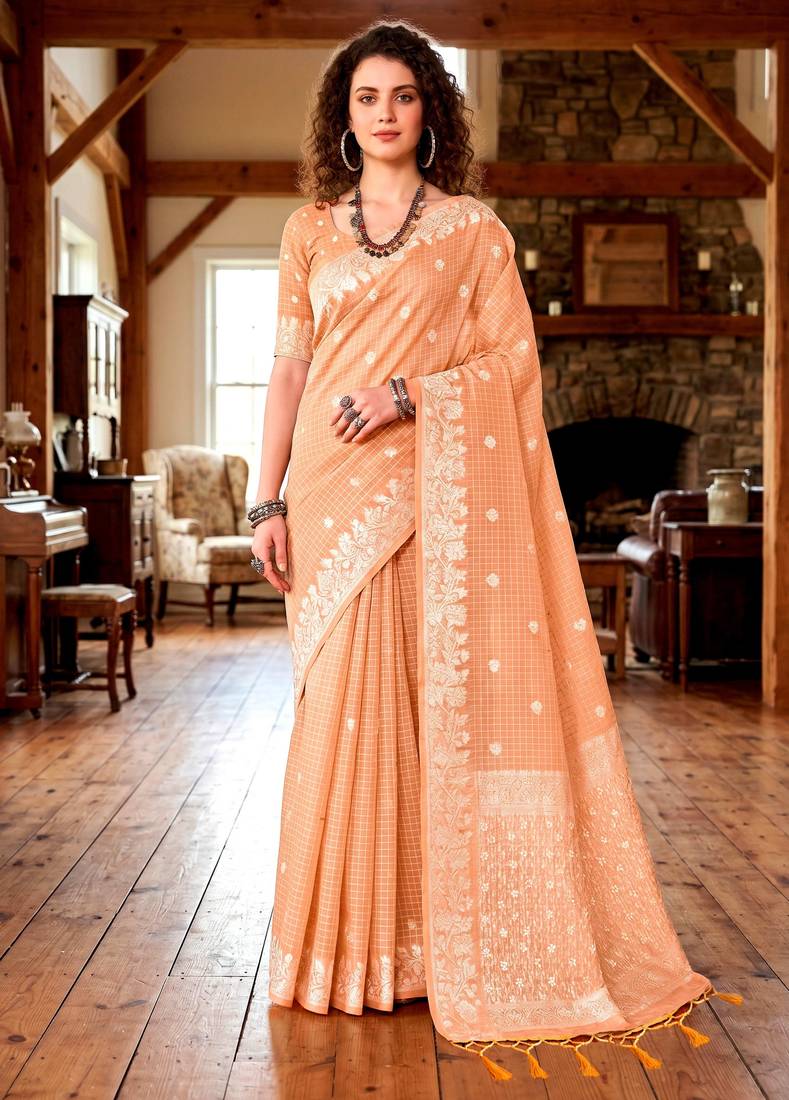 Sangam prints peach cotton blend woven work traditional saree