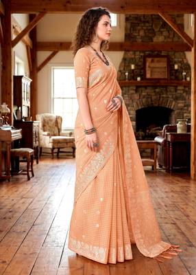 Sangam prints peach cotton blend woven work traditional saree 2
