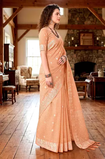 Sangam prints peach cotton blend woven work traditional saree