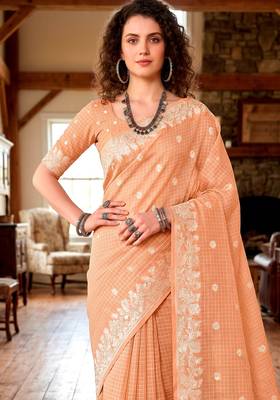 Sangam prints peach cotton blend woven work traditional saree 3