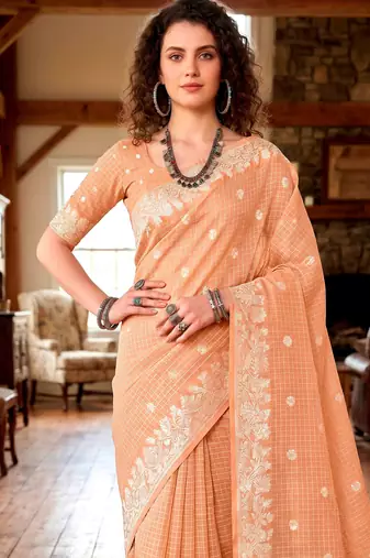 Sangam prints peach cotton blend woven work traditional saree