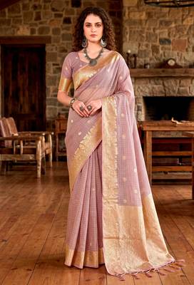 Sangam prints light pink cotton blend woven work traditional saree 1