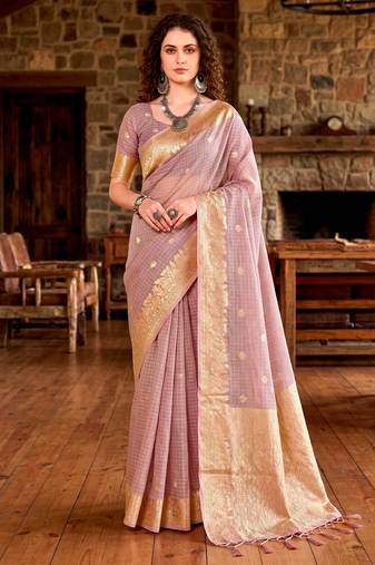 Sangam prints light pink cotton blend woven work traditional saree