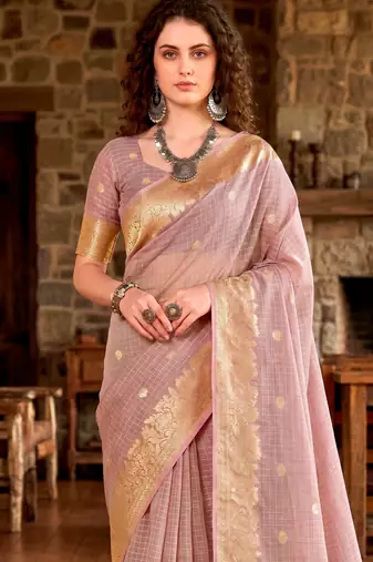 Sangam prints light pink cotton blend woven work traditional saree