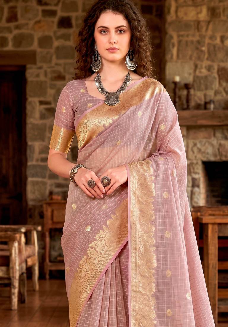 Sangam prints light pink cotton blend woven work traditional saree