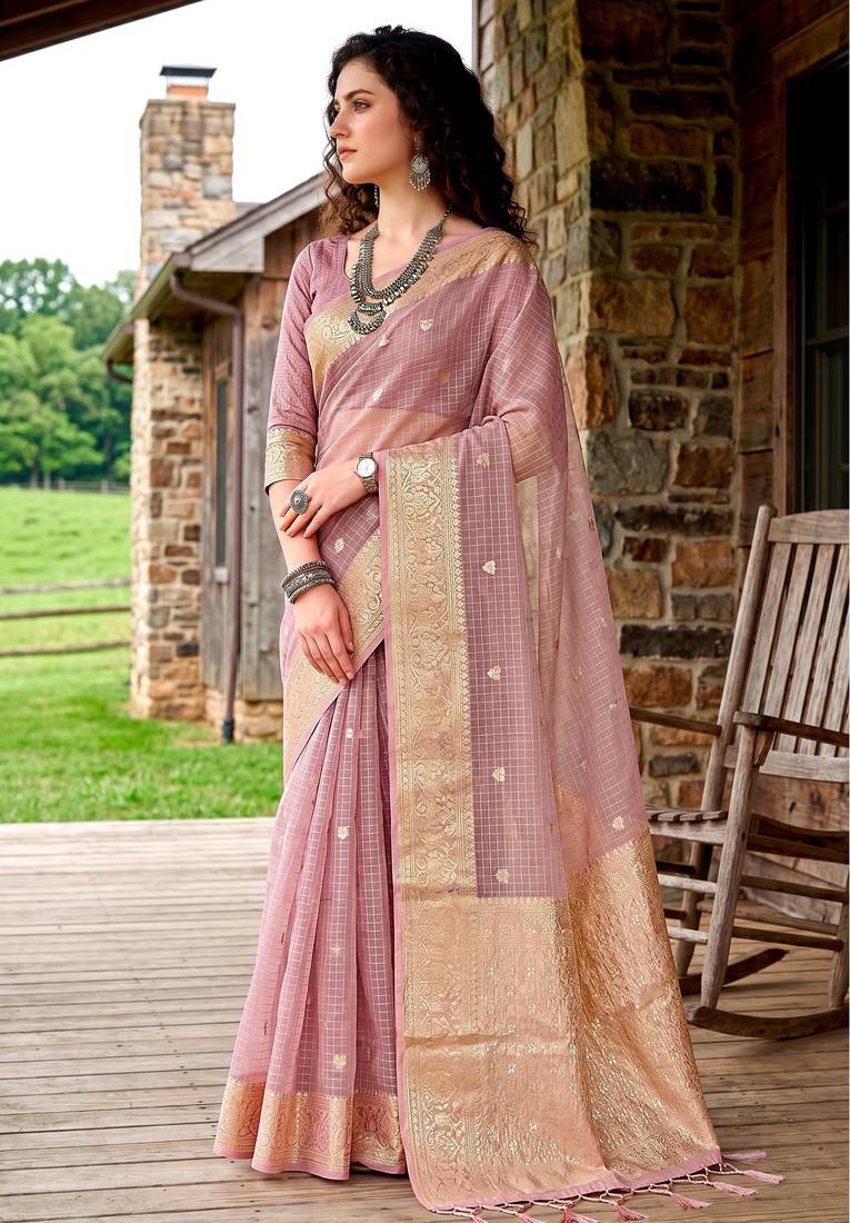 Sangam prints light pink cotton blend woven work traditional saree