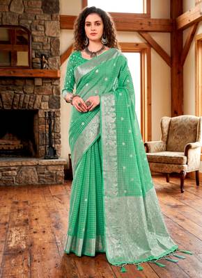Sangam prints teal cotton blend woven work traditional saree 1