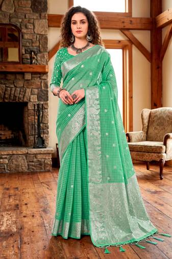 Sangam prints teal cotton blend woven work traditional saree