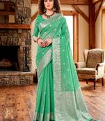 Sangam prints teal cotton blend woven work traditional saree
