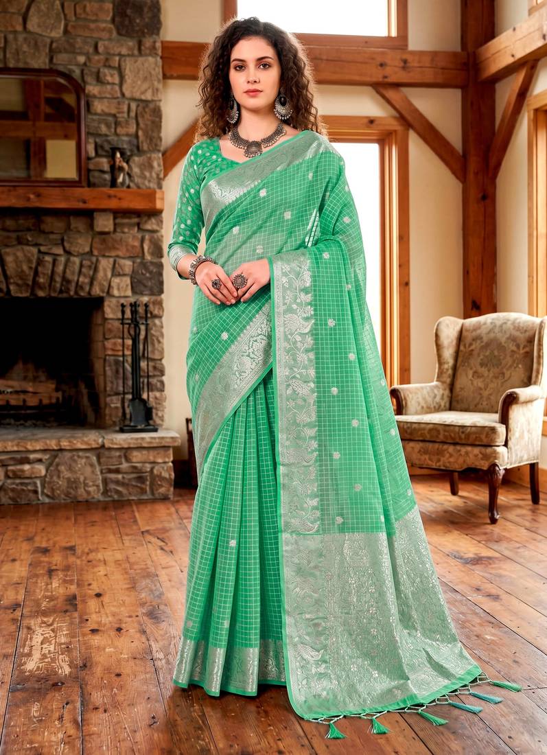 Sangam prints teal cotton blend woven work traditional saree