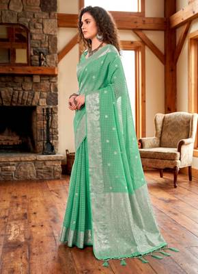 Sangam prints teal cotton blend woven work traditional saree 2