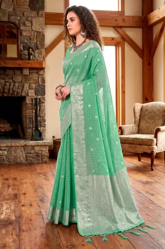 Sangam prints teal cotton blend woven work traditional saree